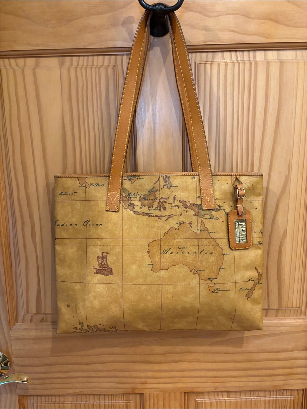 Alviero Martini Map-Print Travel Tote in Tan and Brown